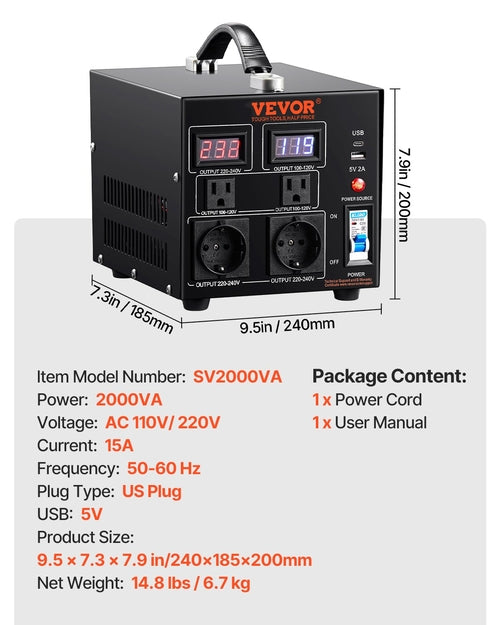 Voltage Converter Transformer, 2000VA, Heavy Duty Step Up/Down