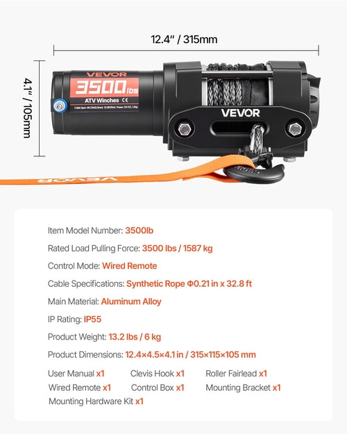 1587 kg Electric Winch, 12V DC ATV/UTV Winch with Φ5.5 mm x 10 m